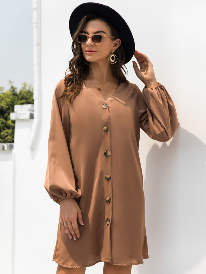 Fashion Sava | V-Neck Mini Dress | Sleek Long Sleeve Style - Caramel