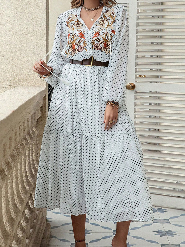 Fashion Sava | Tie Neck Midi Dress | Printed Long Sleeve Style - White