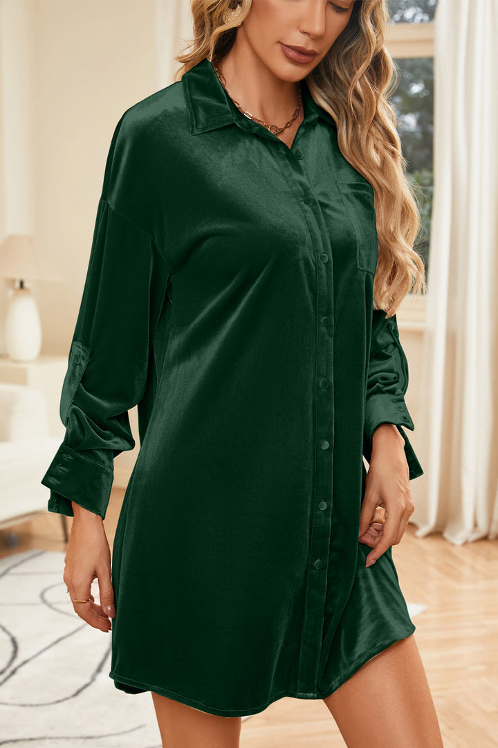 Fashion Sava | Velvet Mini Dress | Collared Neck Long Sleeve - Army Green