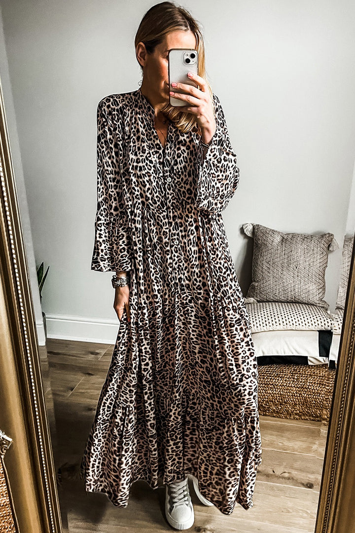 Fashion Sava | Notched Long Sleeve Maxi Dress | Trendy Leopard Print - Leopard