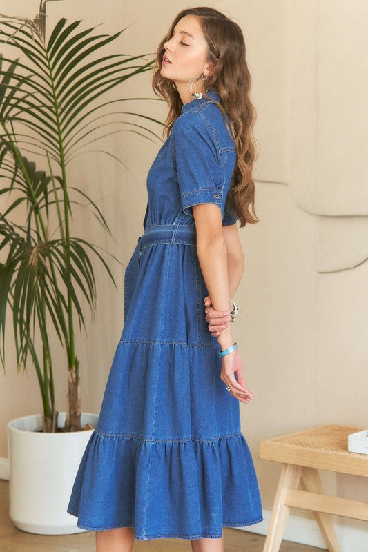Fashion Sava | ADORA Denim Dress | Tiered Button Down Style - Dark