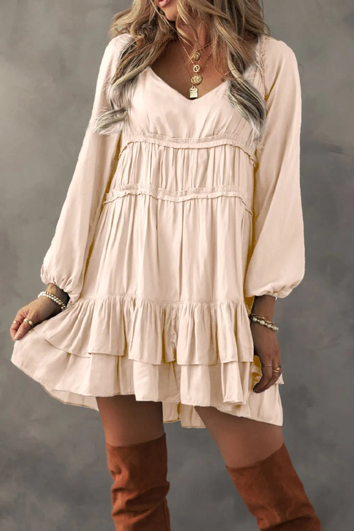 Fashion Sava | Frill Ruffle Mini Dress | Elegant V-Neck Style - Eggshell