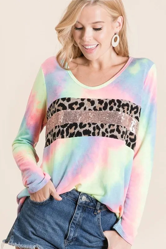 Fashion Sava | Tie Dye U-neck Top | Leopard & Sequins Style