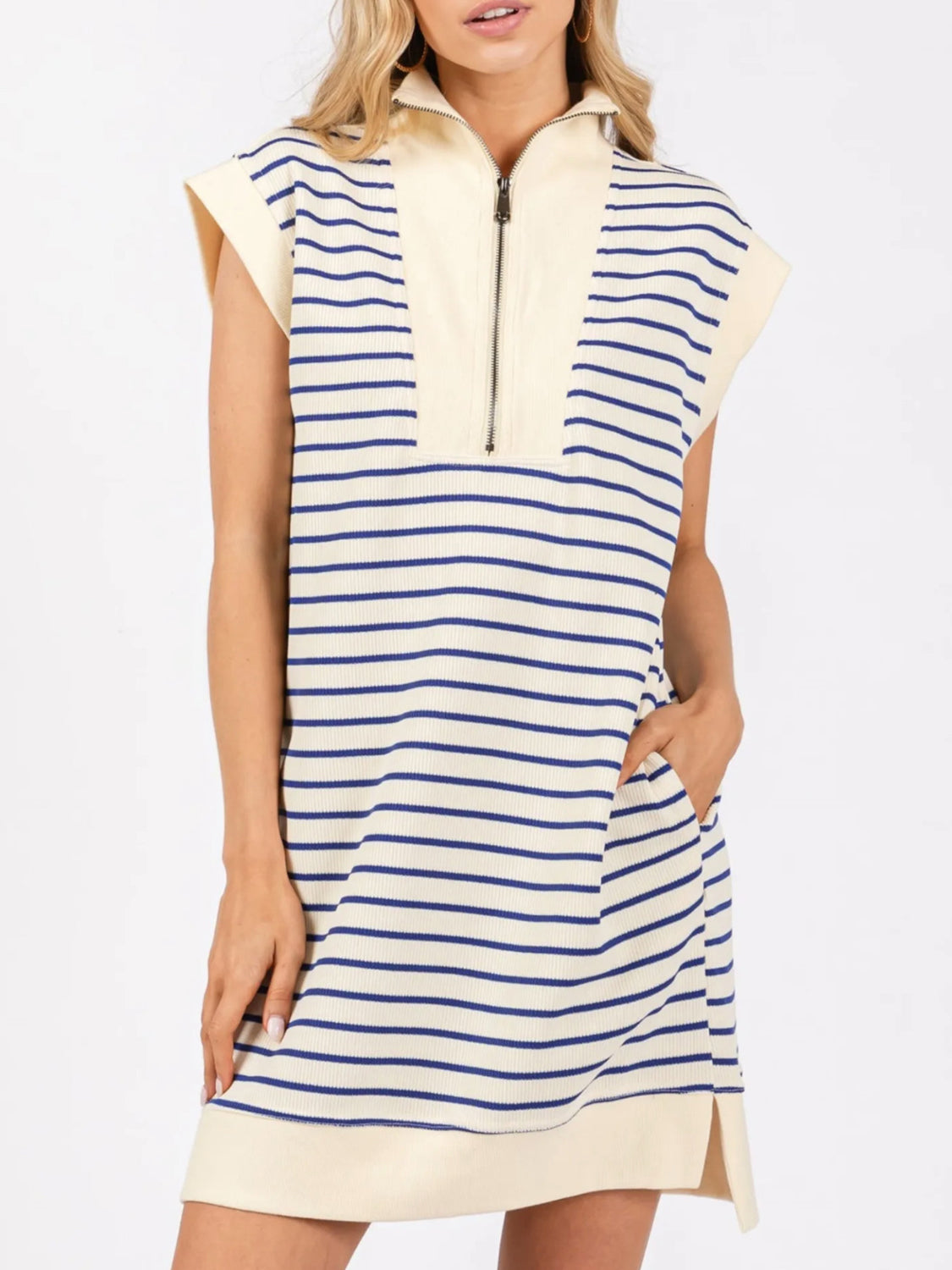 Fashion Sava | Striped Quarter Zip Dress | Pocketed & Cap Sleeve - Cream
