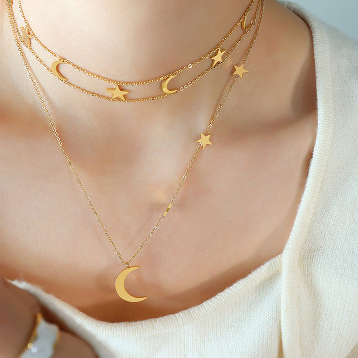 Fashion Sava | Layered Necklace | Star & Moon Titanium Steel
