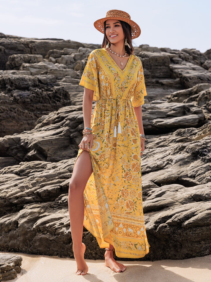 Fashion Sava | Plunge Half Sleeve Dress | Drawstring & Printed Design - Gold
