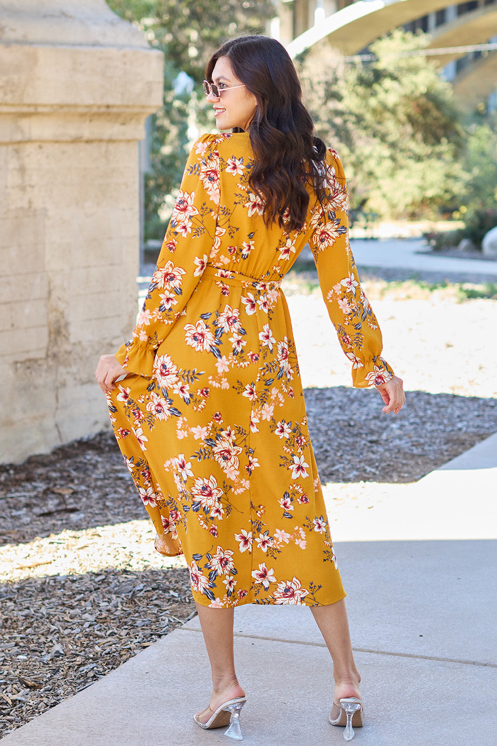Fashion Sava | Floral Tie Back Dress | Flounce Sleeves - Caramel