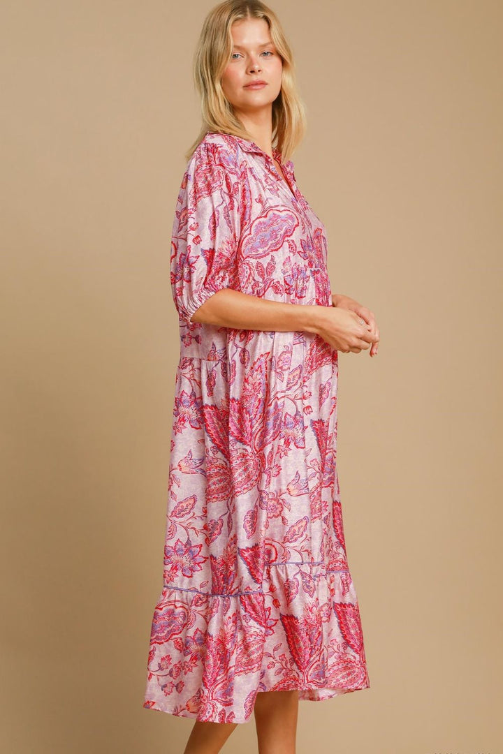 Fashion Sava | Ruffled Hem Midi Dress | Floral Paisley Print - PINK MIX