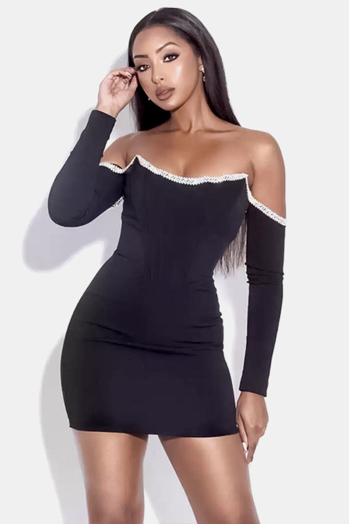 Fashion Sava | Off-Shoulder Bandage Dress | Rhinestone Trim - Black