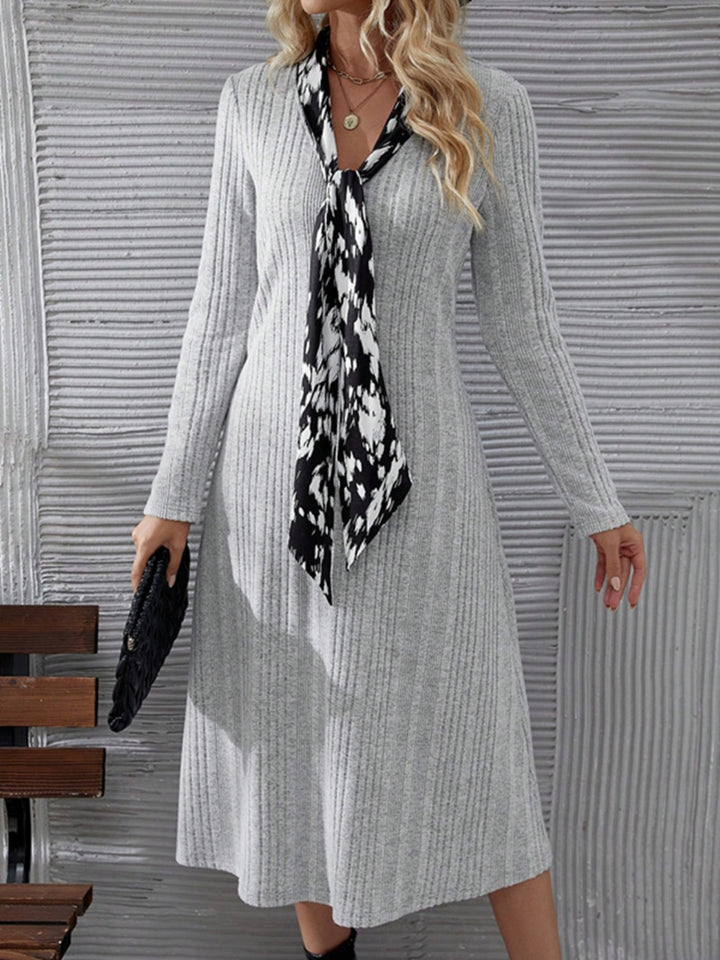 Fashion Sava | V-Neck Midi Dress | Elegant Long Sleeve Style - Gray