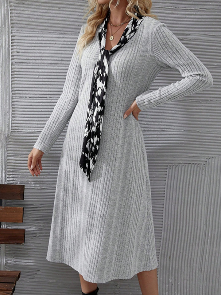 Fashion Sava | V-Neck Midi Dress | Elegant Long Sleeve Style - Gray
