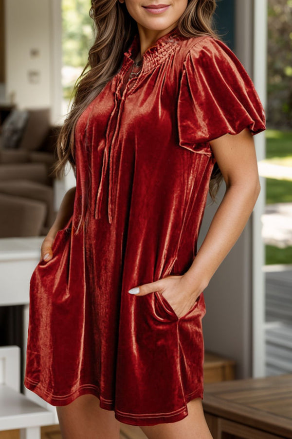 Fashion Sava | Velvet Tie Neck Mini Dress | Elegant Short Sleeve Design - Burgundy