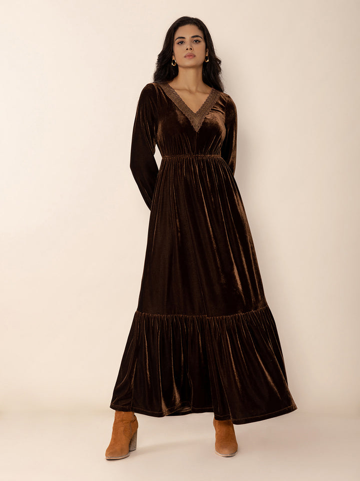 Fashion Sava | Lace V-Neck Maxi Dress | Elegant Long Sleeve - Dark Brown