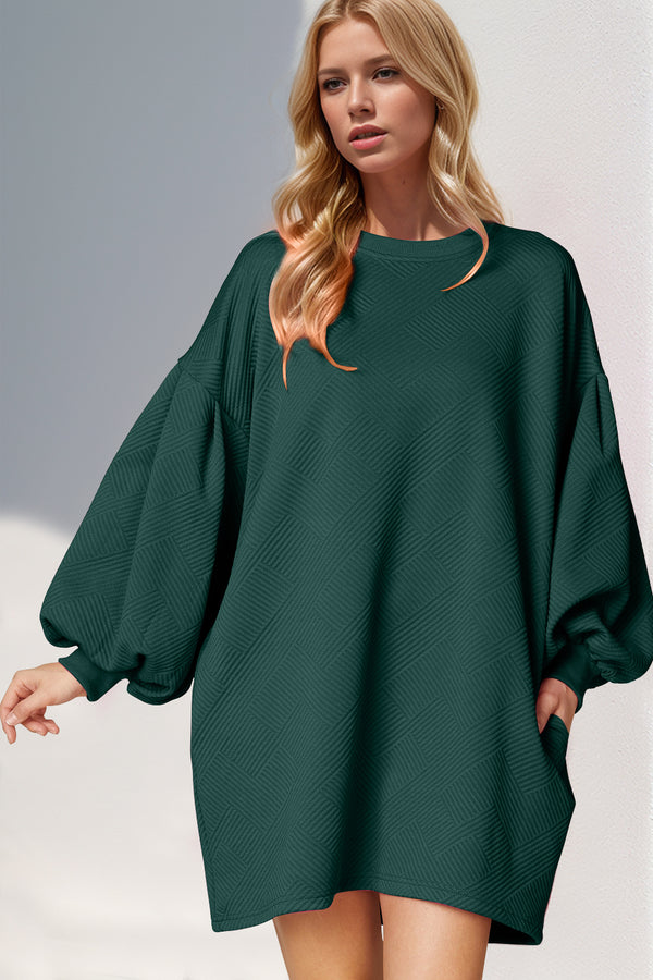 Fashion Sava | Drop Shoulder Mini Dress | Lantern Sleeves & Pockets - Dark Green