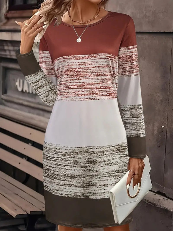 Fashion Sava | Color Block Dress | Round Neck Long Sleeve Style - Brown