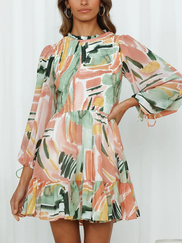 Fashion Sava | Mock Neck Mini Dress | Balloon Sleeve Style - Multicolor