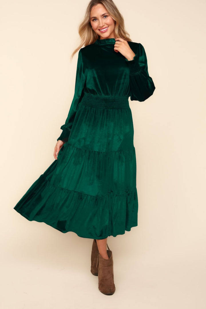 Fashion Sava | Velvet Tiered Dress | Mock Neck Smocked Waist - Hunter Green