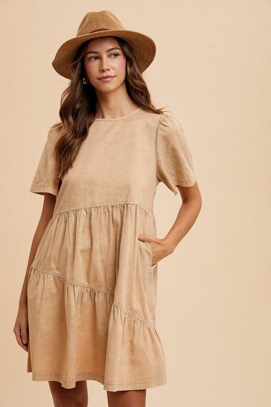 Fashion Sava | Mineral Washed Denim Dress | Casual Short Sleeve - Tan