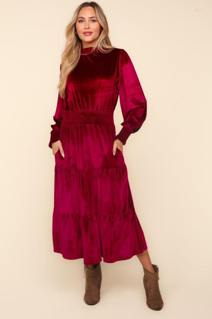 Fashion Sava | Velvet Tiered Dress | Mock Neck, Smocked Waist - Burgundy