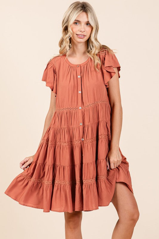 Fashion Sava | Lace Detail Tiered Dress | Elegant Ruffled Design - Pumpkin