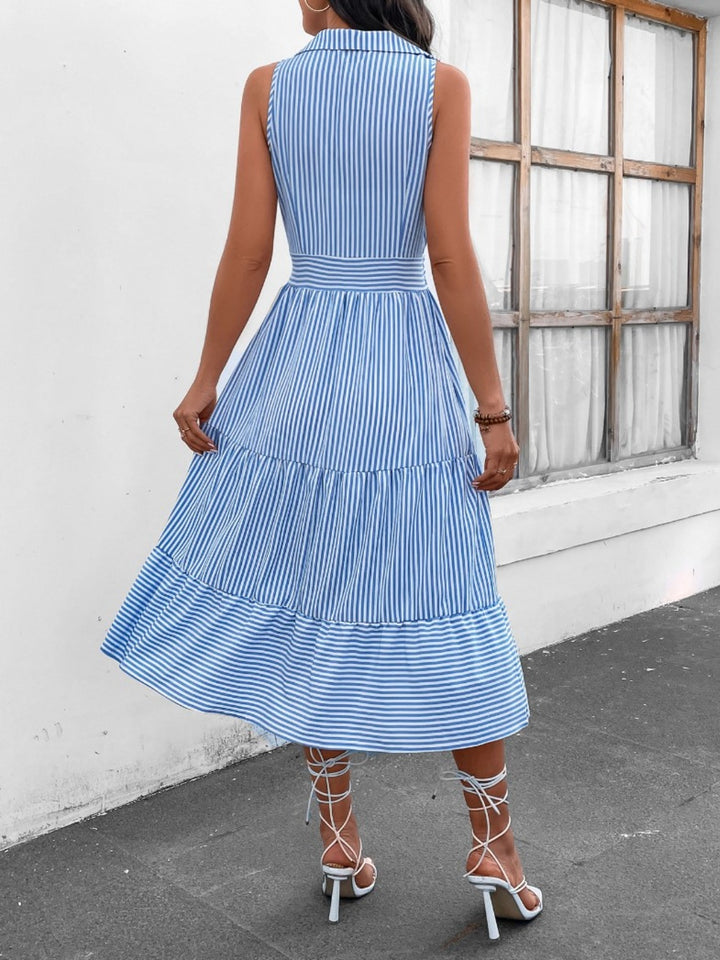 Fashion Sava | Sleeveless Midi Dress | Striped Johnny Collar Style - Light Blue