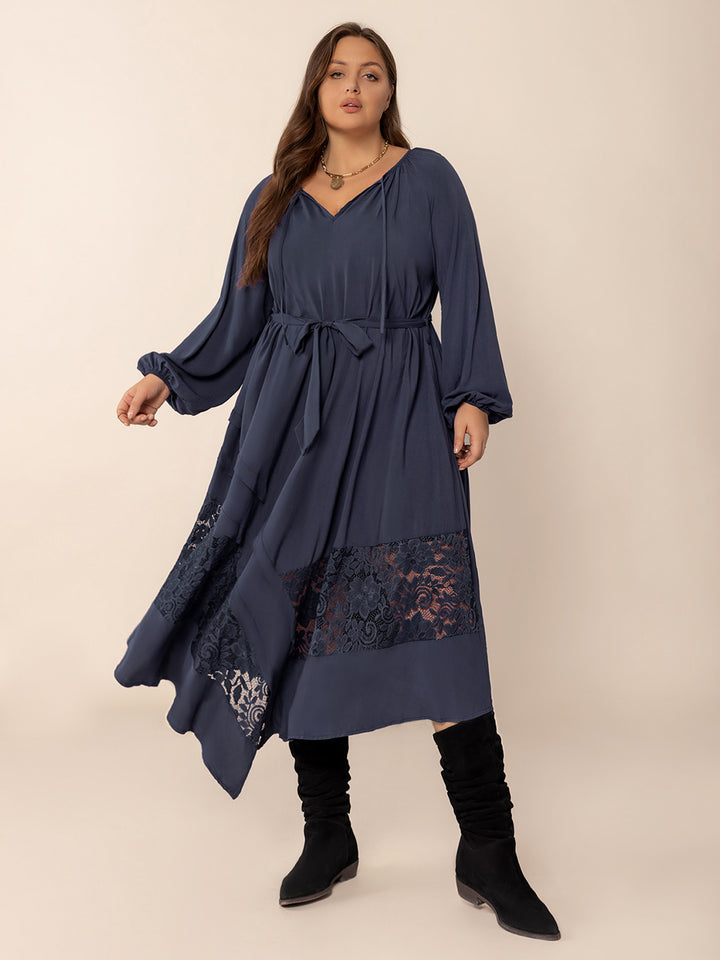 Fashion Sava | Lace Tie Neck Midi Dress | Elegant Long Sleeve - Dark Navy