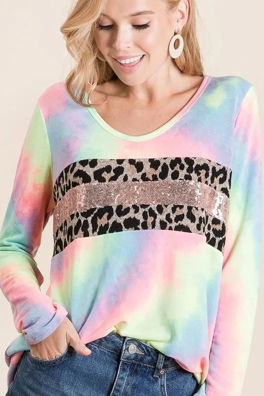 Fashion Sava | Tie Dye U-neck Top | Leopard & Sequins Style