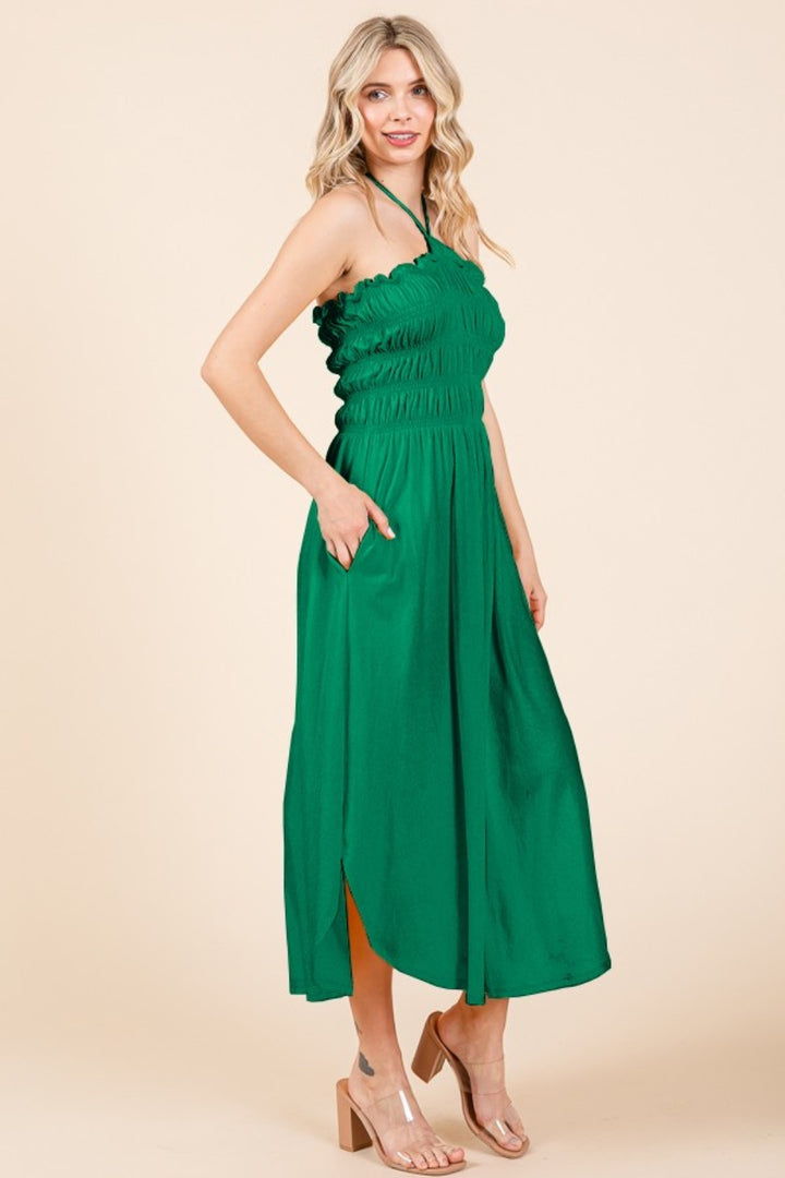 Fashion Sava | Tie Back Shirring Dress | Pockets Included - Green Pop
