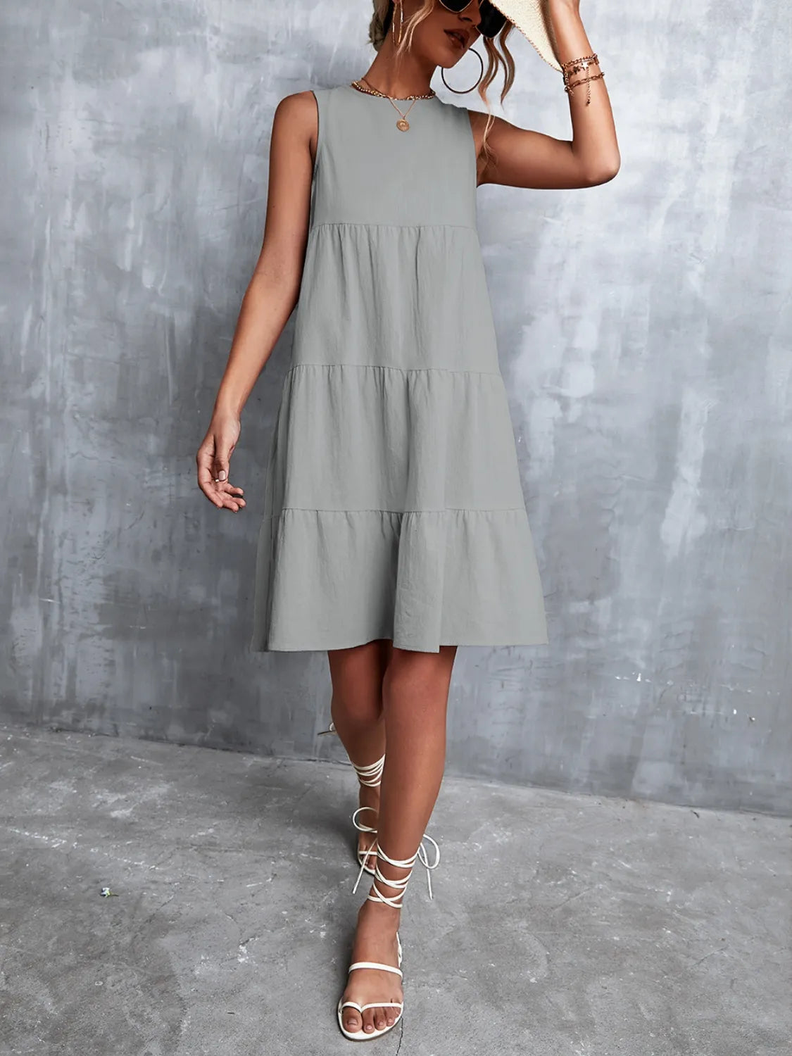 Fashion Sava | Tiered Sleeveless Mini Dress | Summer Essential - Gray