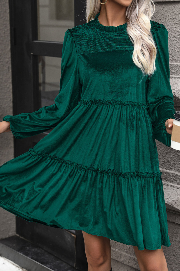 Fashion Sava | Smocked Frill Trim Dress | Tiered Balloon Sleeve Design - Dark Green