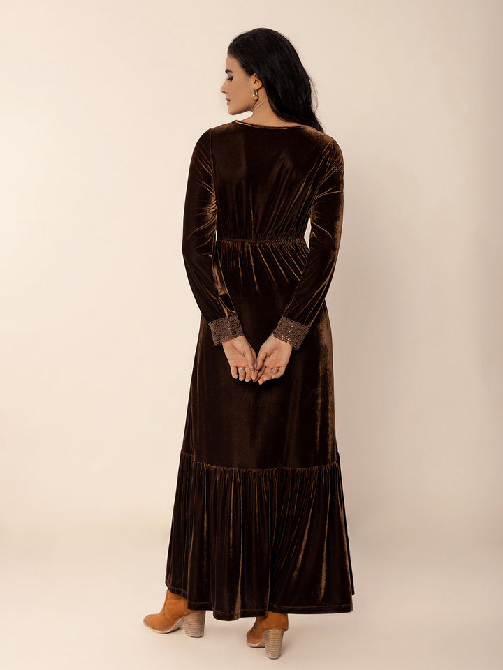 Fashion Sava | Lace V-Neck Maxi Dress | Elegant Long Sleeve - Dark Brown