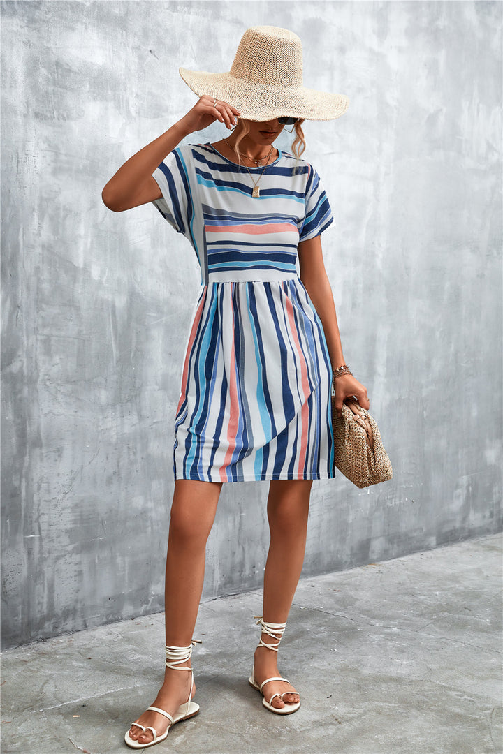 Fashion Sava | Striped Round Neck Dress | Casual Chic Wear - Orange/White
