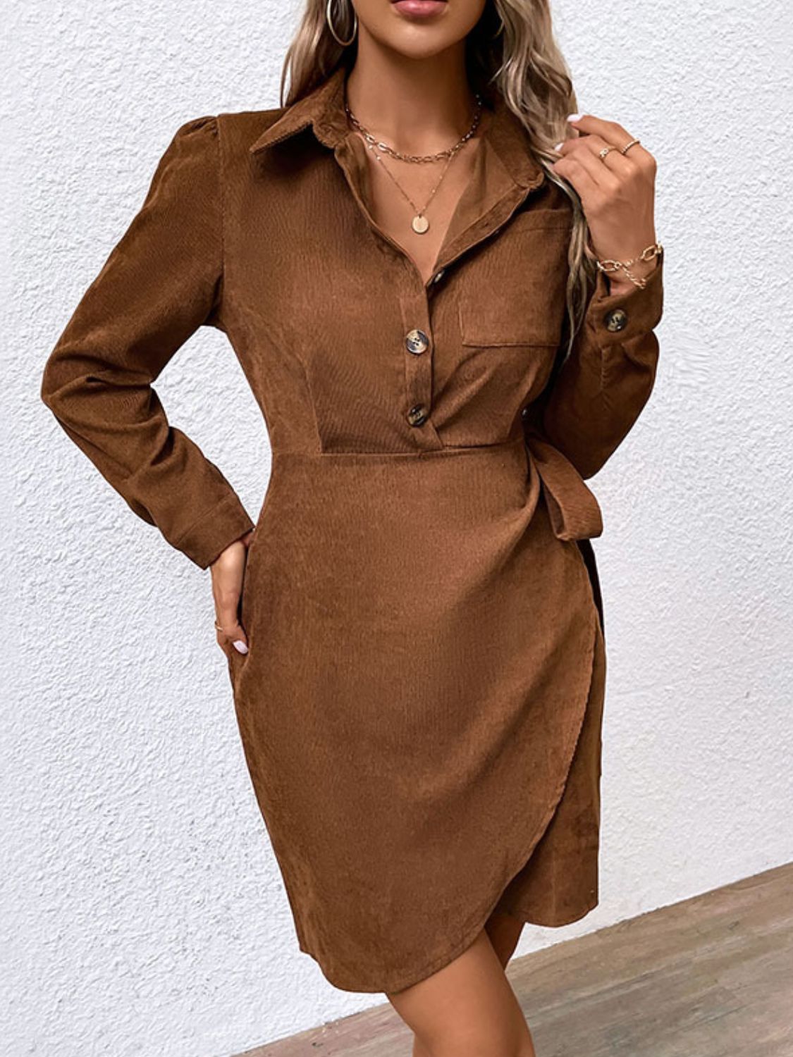 Perfee Button-Down Collared Neck Long Sleeve Side Tie Dress