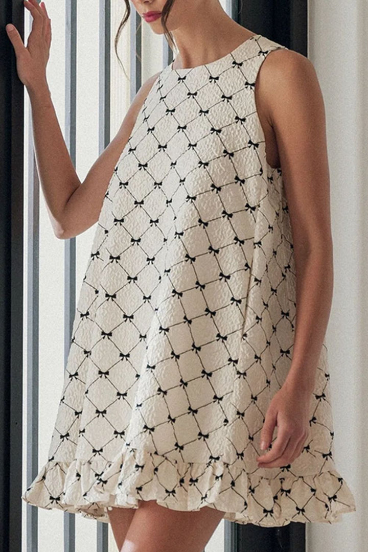 Fashion Sava | Bow Print Mini Dress | Ruffled Hem Sleeveless Style - White