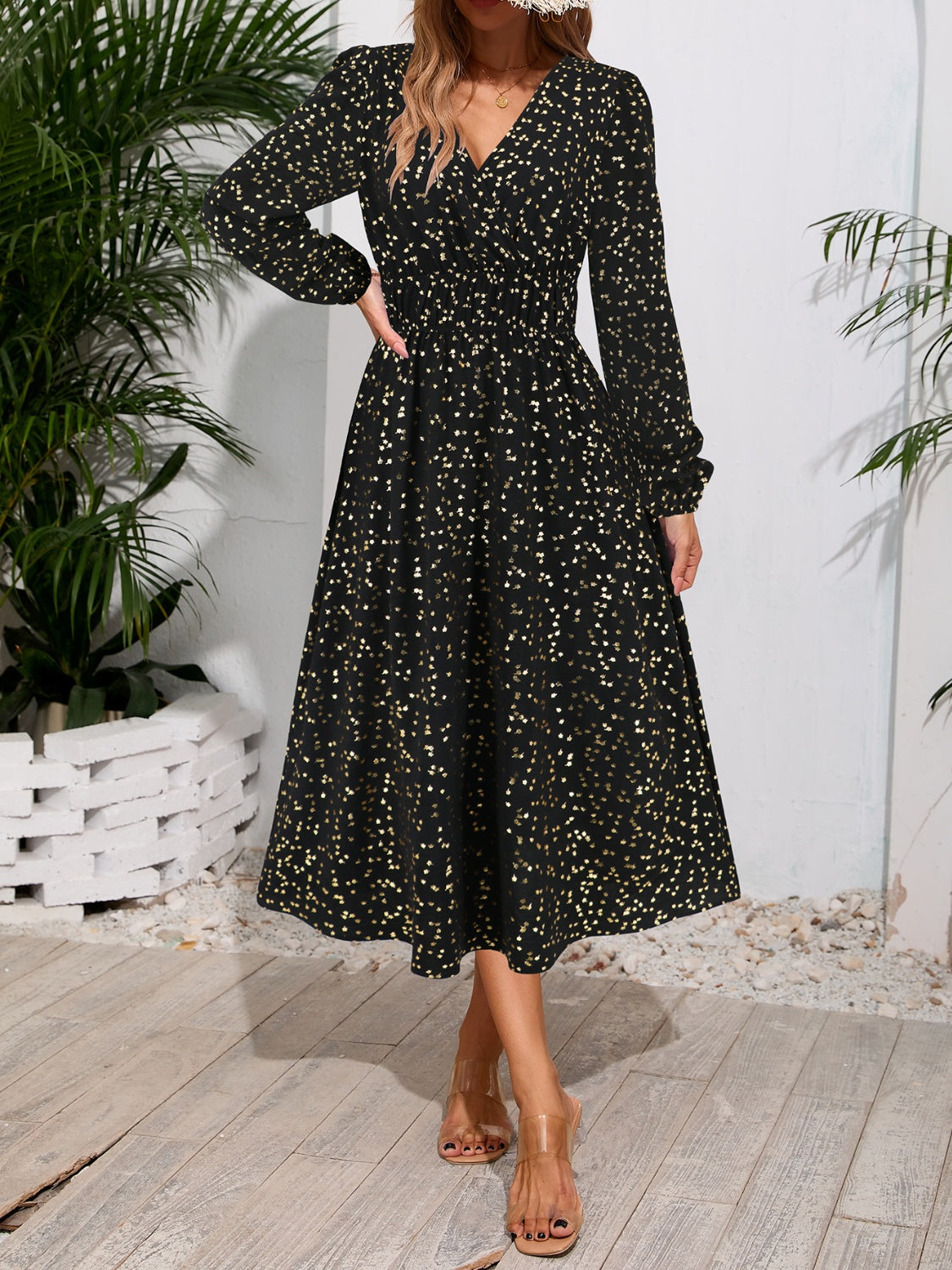 Printed Surplice Long Sleeve Midi Dress