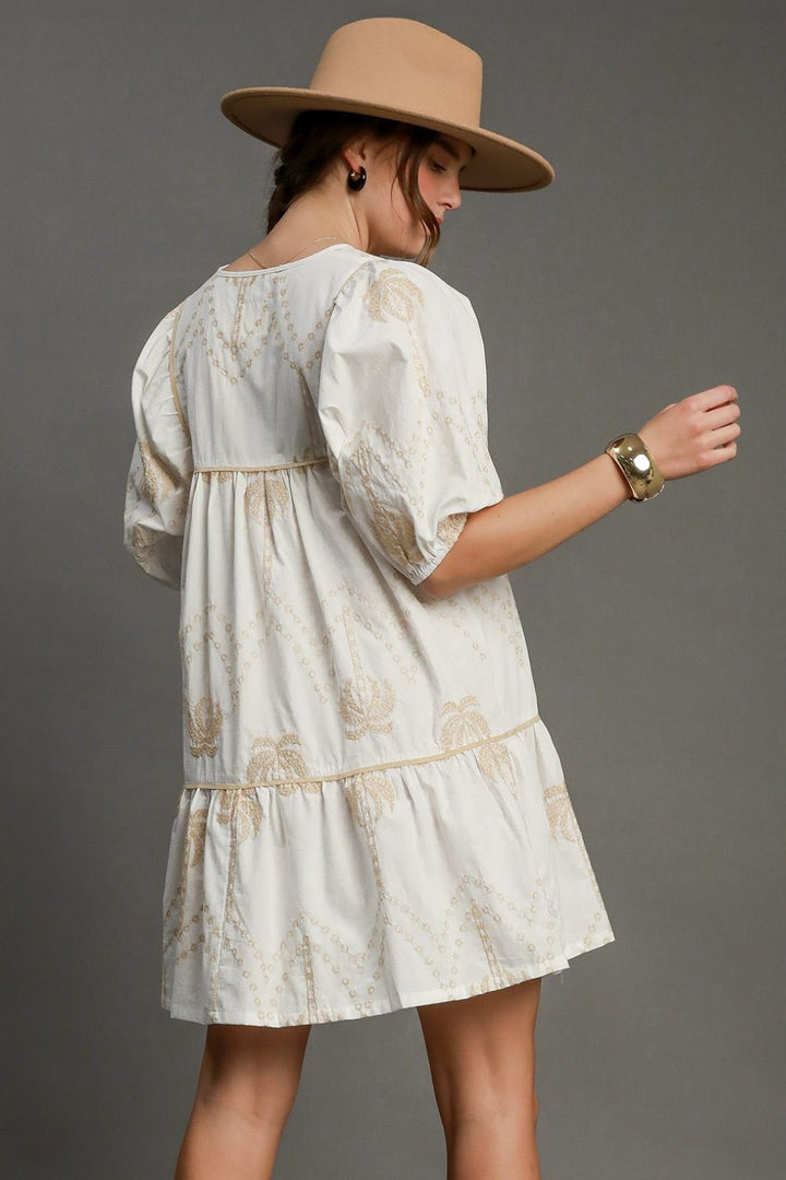 Fashion Sava | Embroidered Babydoll Dress | Puff Sleeve Elegance - Off white