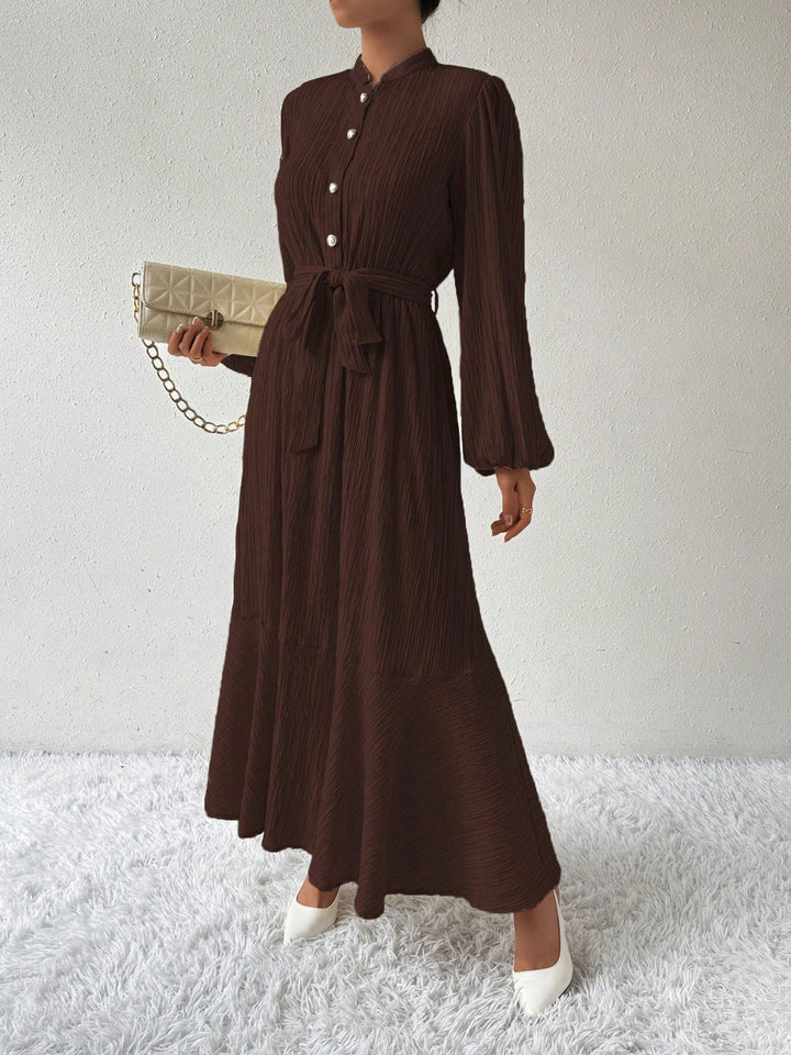 Fashion Sava | Button Tie Maxi Dress | Long Sleeve Elegance - Chocolate
