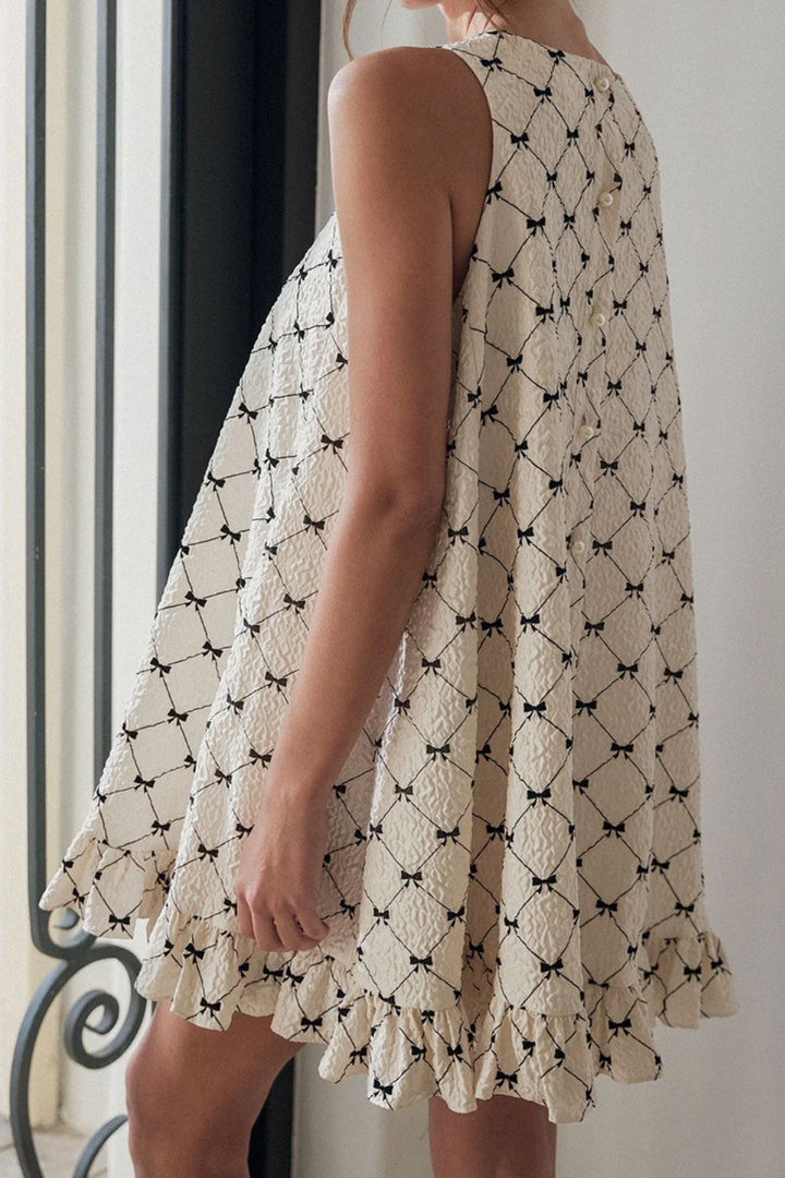 Fashion Sava | Bow Print Mini Dress | Ruffled Hem Sleeveless Style - White