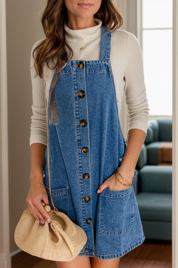 Fashion Sava | Square Neck Denim Overall | Casual Wide Strap Dress - Medium