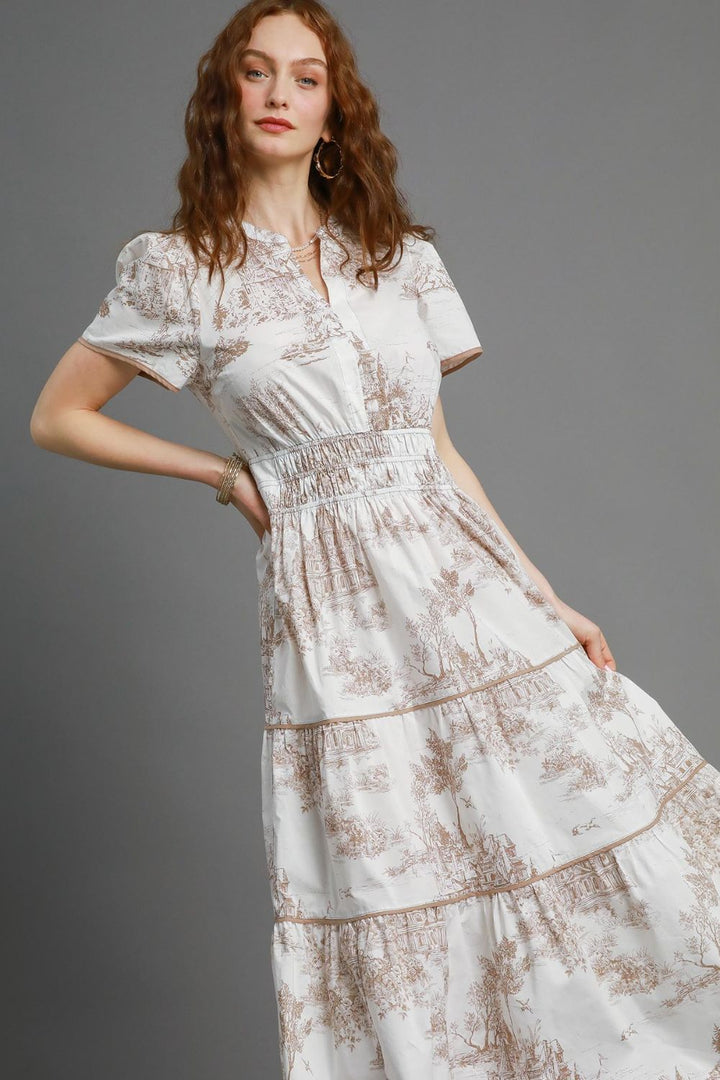 Fashion Sava | Landscape Print Maxi Dress | Tiered, Short Sleeve - Camel