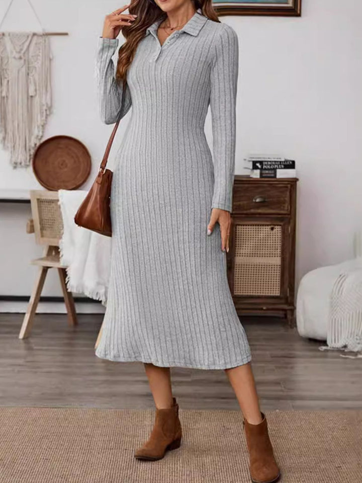 Fashion Sava | Long Sleeve Midi Dress | Collared Neck Fashion - Gray