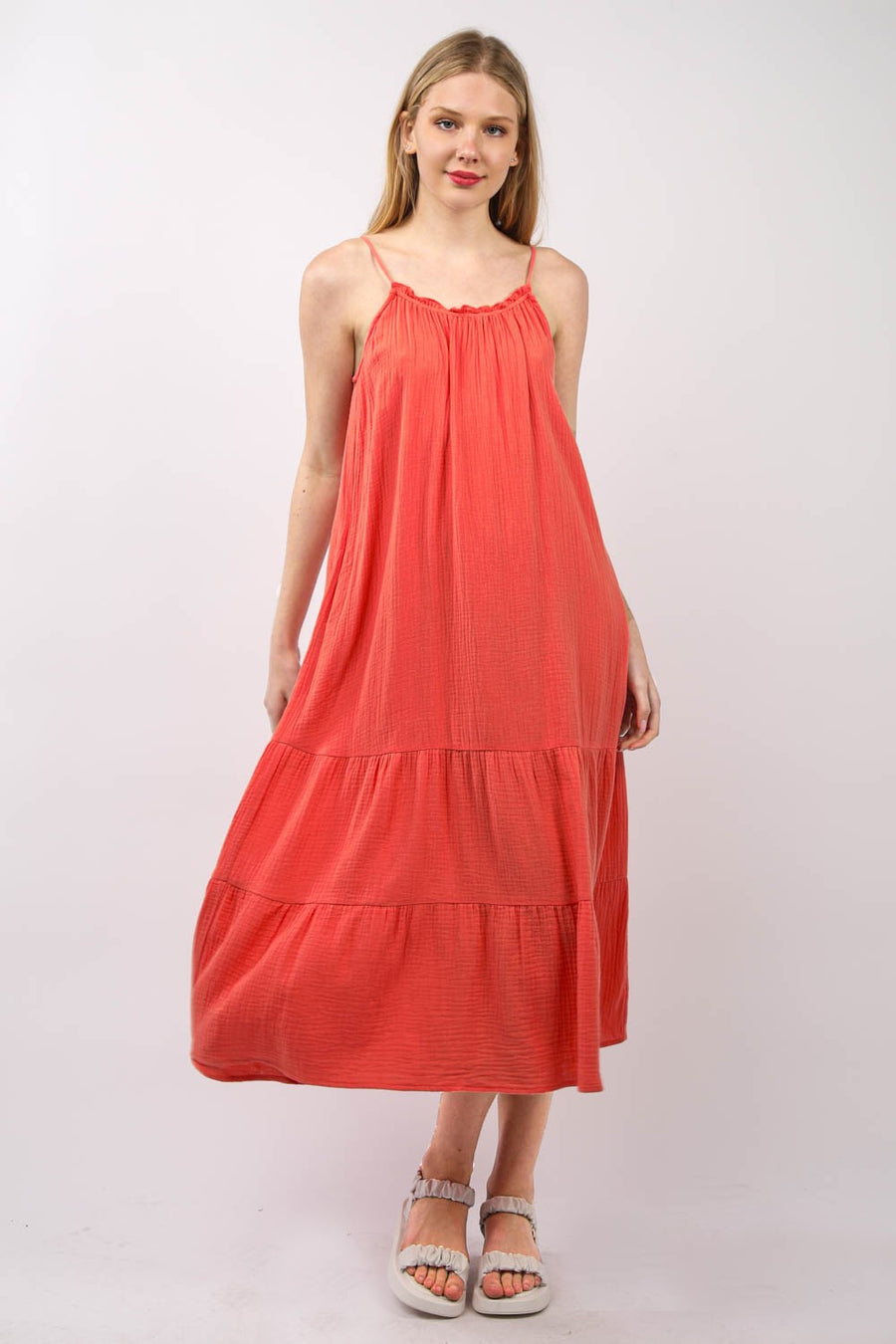 Fashion Sava | Ruffled A-Line Midi Dress | Effortless Elegance - Coral