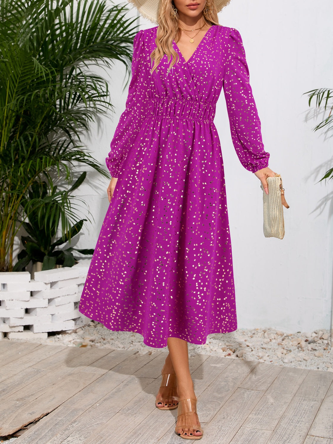 Printed Surplice Long Sleeve Midi Dress