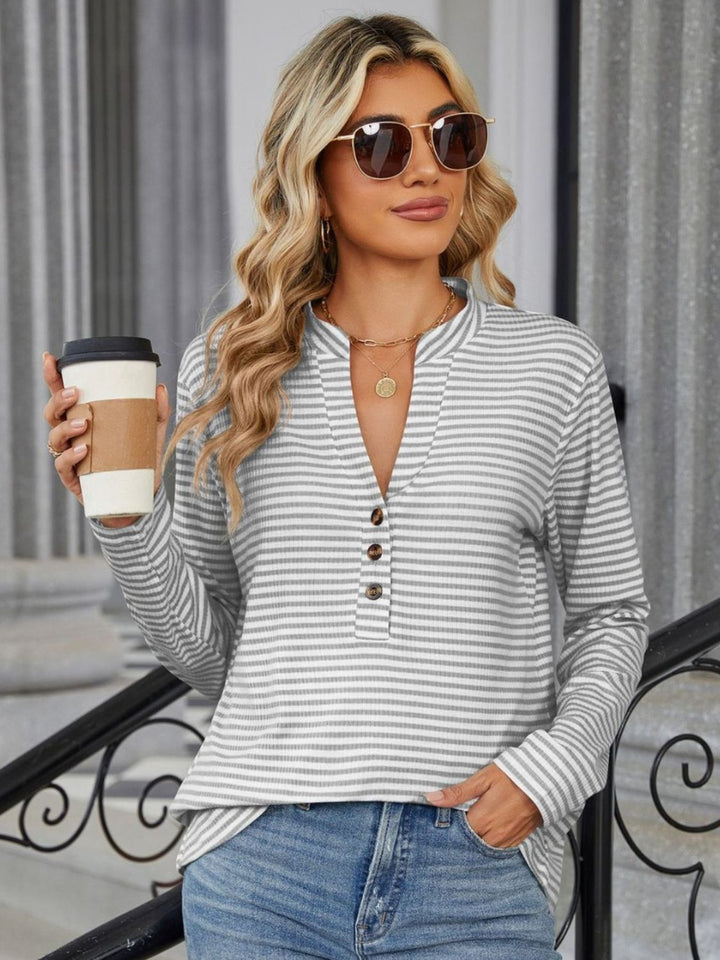 Fashion Sava | Striped T-Shirt | Notched Long Sleeve Style