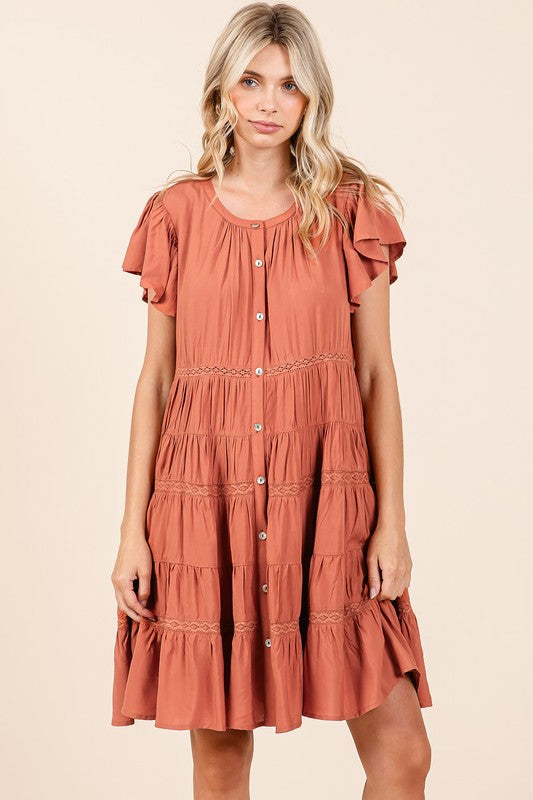 Fashion Sava | Lace Detail Tiered Dress | Elegant Ruffled Design - Pumpkin