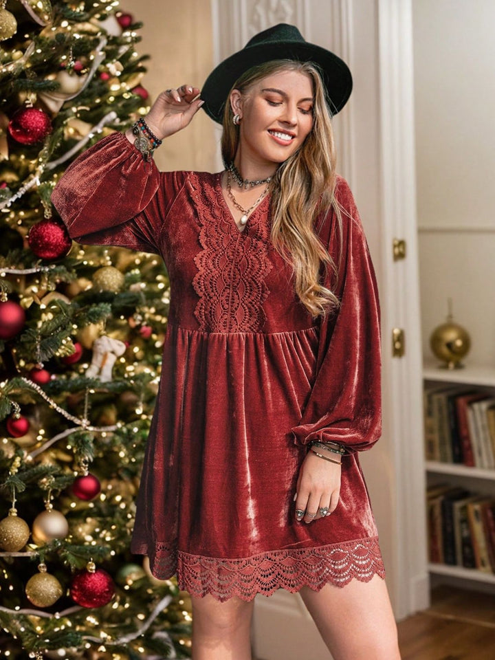 Fashion Sava | Lace Detail V-Neck Mini Dress | Chic Long Sleeve Style - Rust