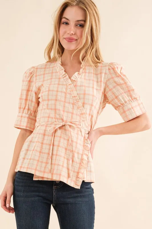 Fashion Sava | Plaid Wrap Blouse | Ruffled Elegance