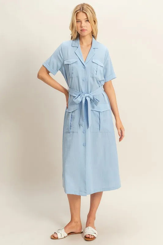 Fashion Sava | Safari Midi Dress | Button Front & Belted Style
