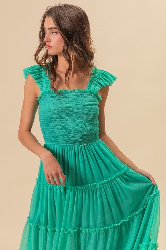 Fashion Sava | BiBi Frill Midi Dress | Elegant Tiered Design - Turquoise