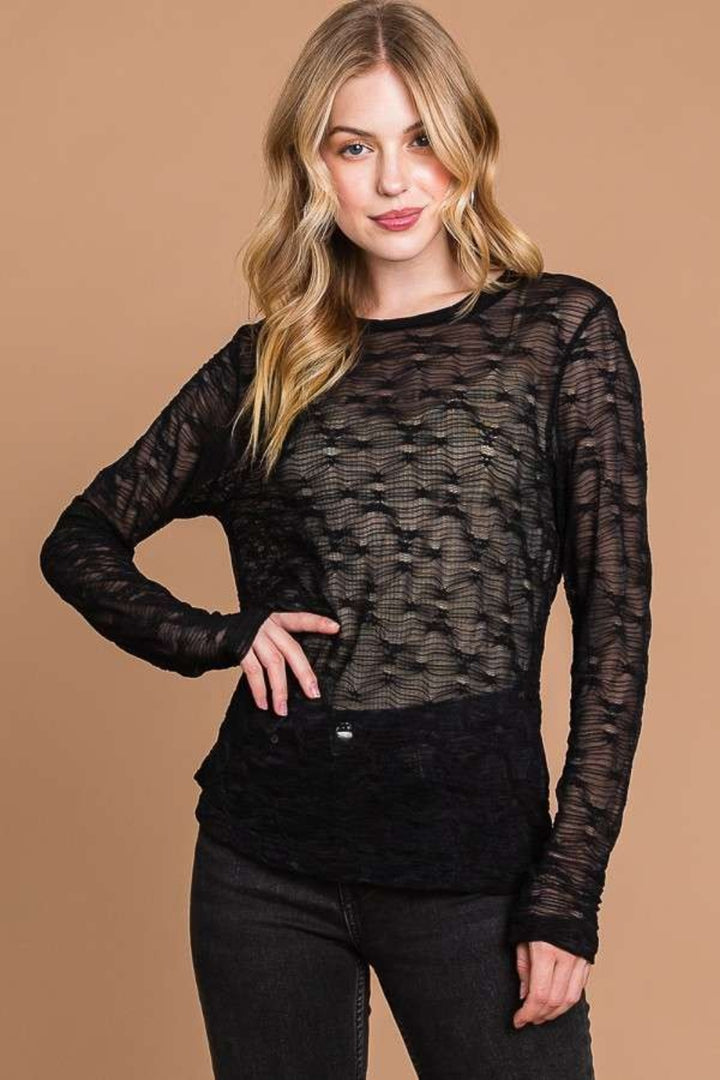 Fashion Sava | Mesh Perspective Top | Full Size Round Neck